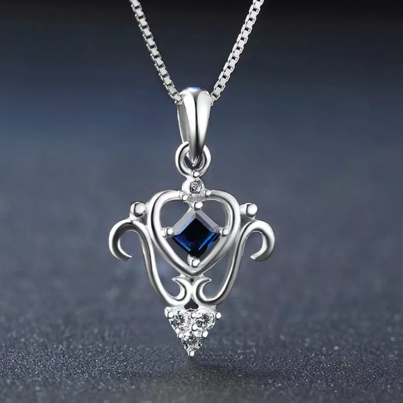 SAPPHIRE 100%Dark Blue Sapphire PLATINUM necklace - Picture 1 of 5